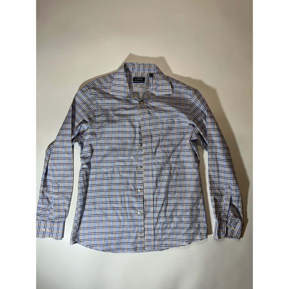 Chaps Button Down Shirt Mens 16 34/35 Blue Plaid Excellent Wrinkle Free Regular
